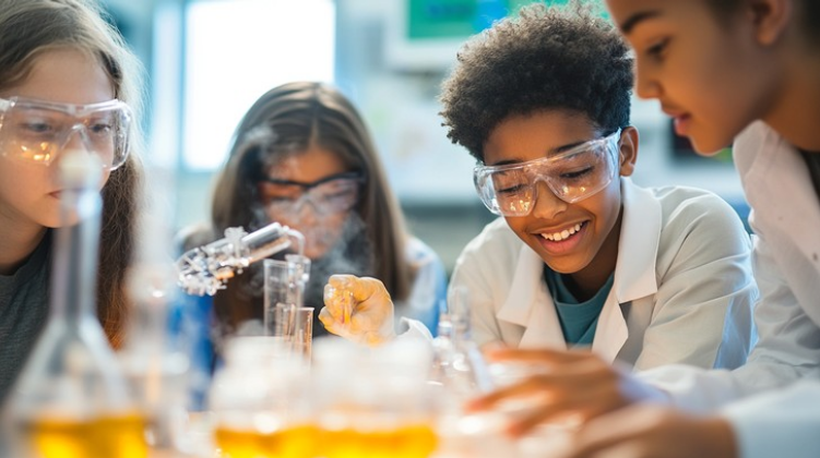 Pupils in lab coats and safety goggles carrying out a chemistry practical with test tubes and beakers