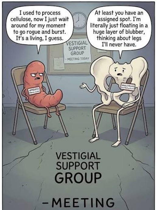 Cartoon — the vestigial support group, where the appendix and pelvis share their grievances