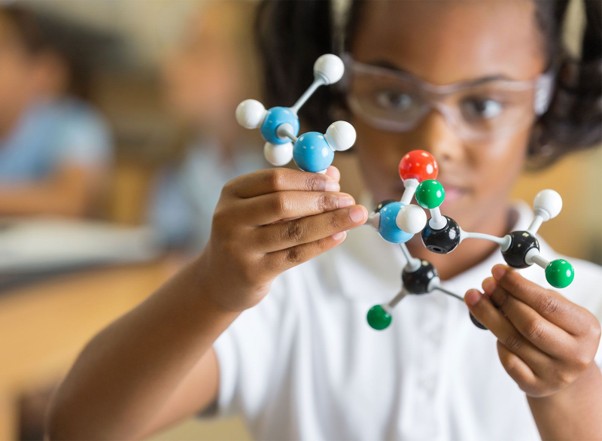 A pupil holding molecular model kits