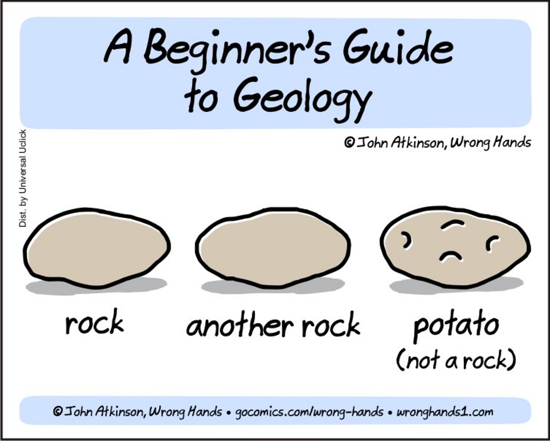 Cartoon — a beginner's guide to geology: rock, another rock, potato (not a rock)