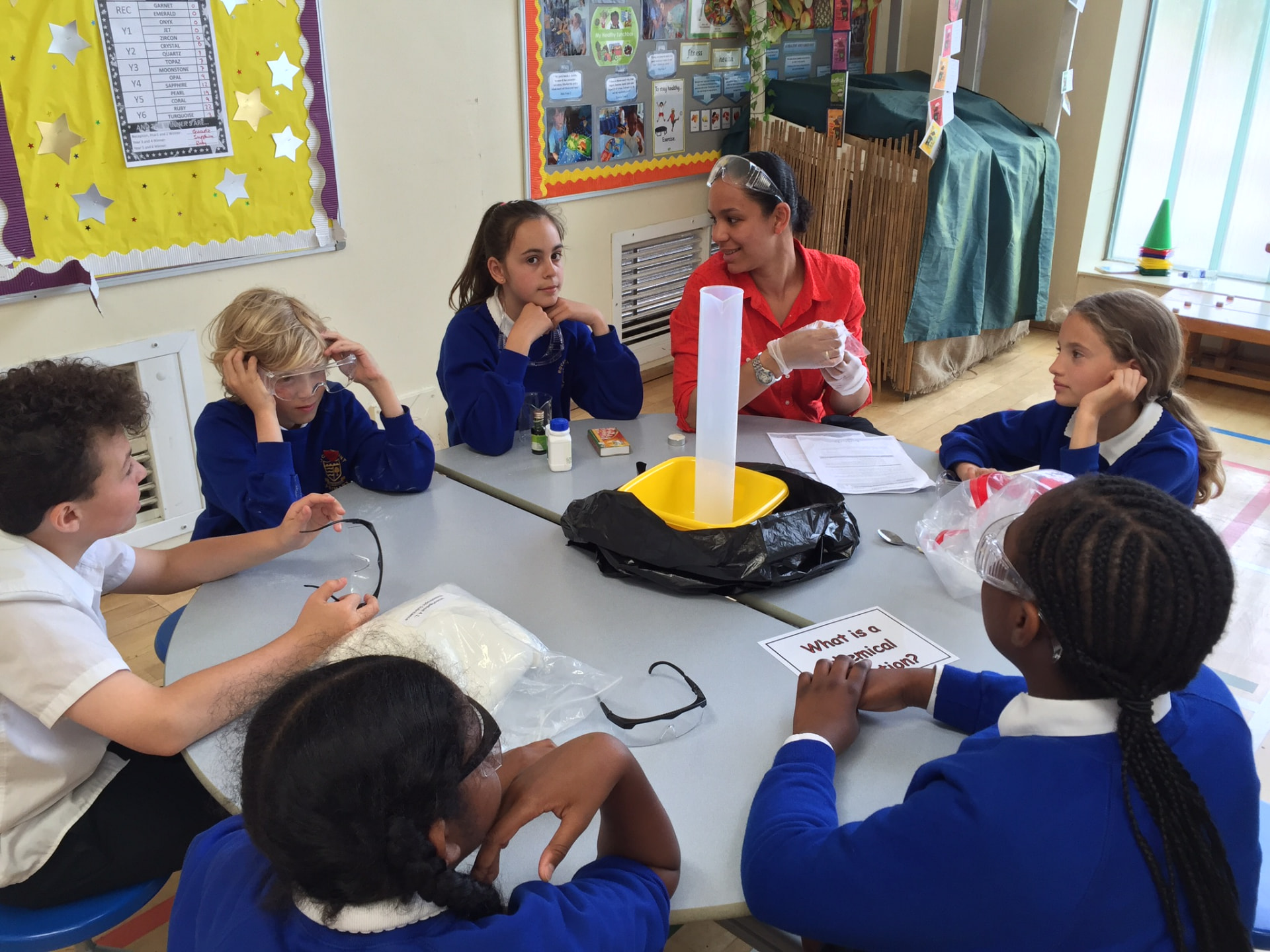Primary pupils gathered with their teacher for a practical science investigation
