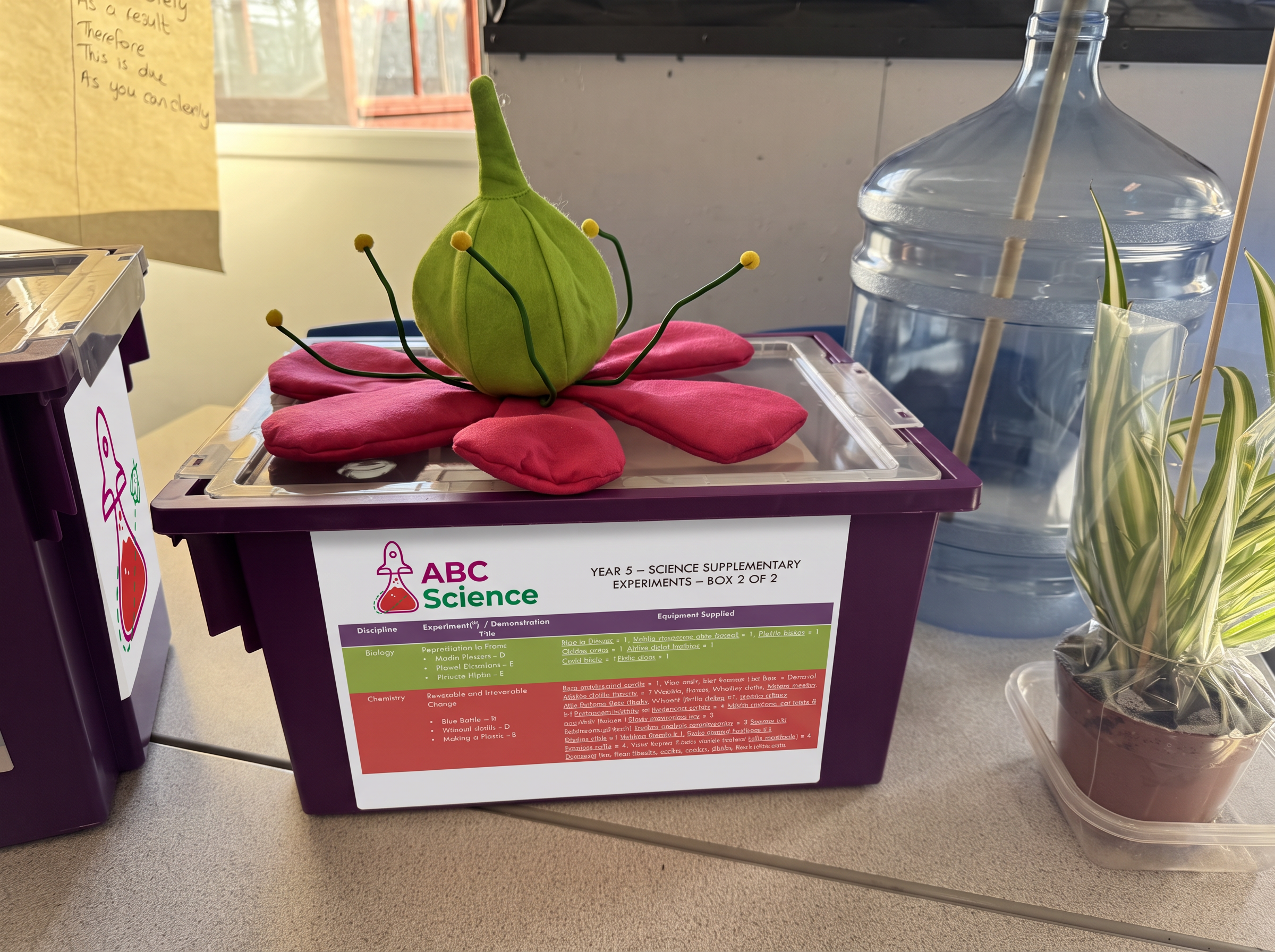 ABC Science purple kit box with a large flower model and a growing plant
